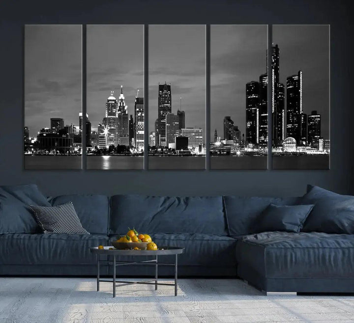 Detroit City Lights Black and White Skyline Wall Art Framed Canvas Print