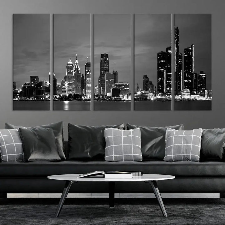 Detroit City Lights Black and White Skyline Wall Art Framed Canvas Print