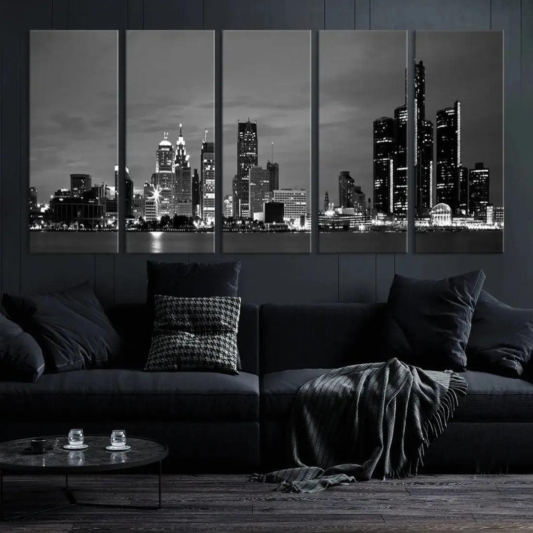 Detroit City Lights Black and White Skyline Wall Art Framed Canvas Print