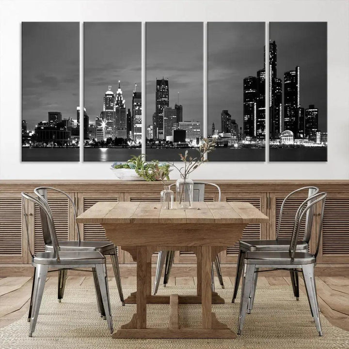 Detroit City Lights Black and White Skyline Wall Art Framed Canvas Print