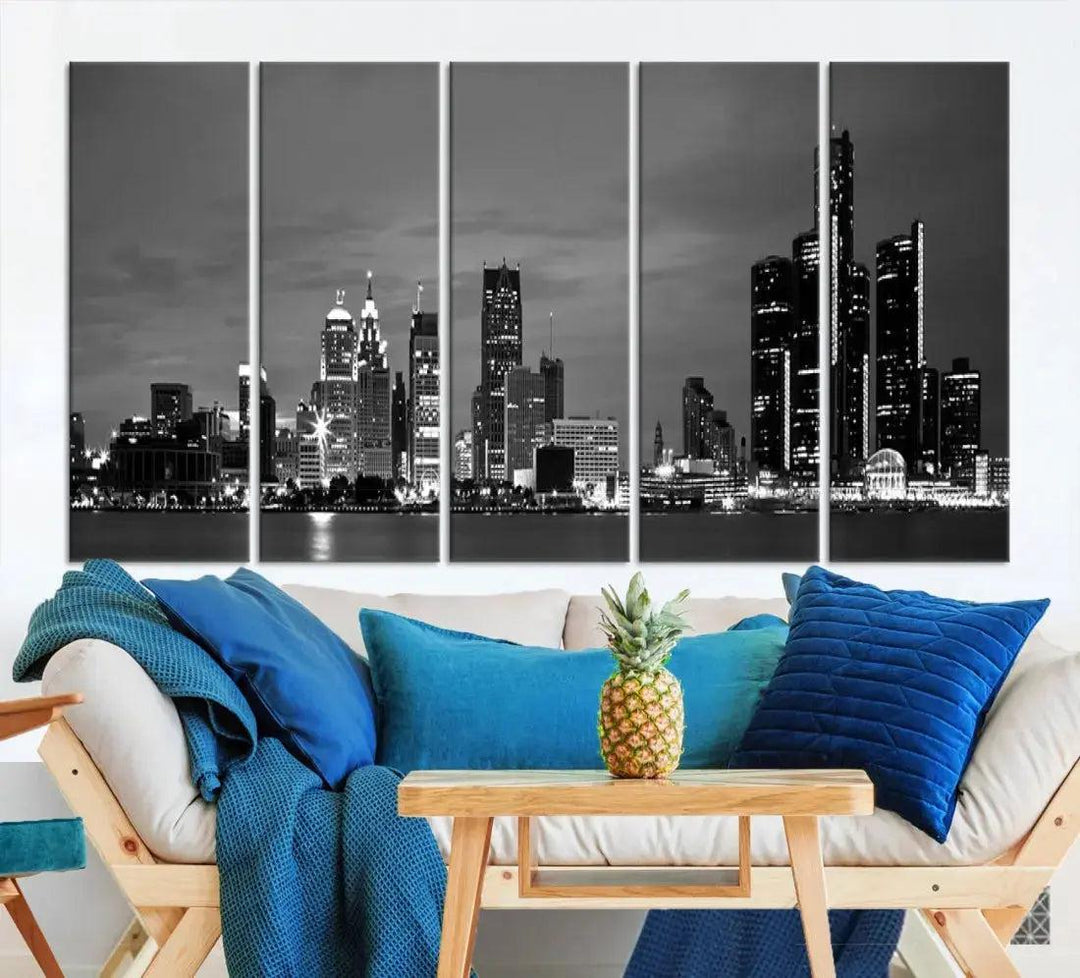 Detroit City Lights Black and White Skyline Wall Art Framed Canvas Print