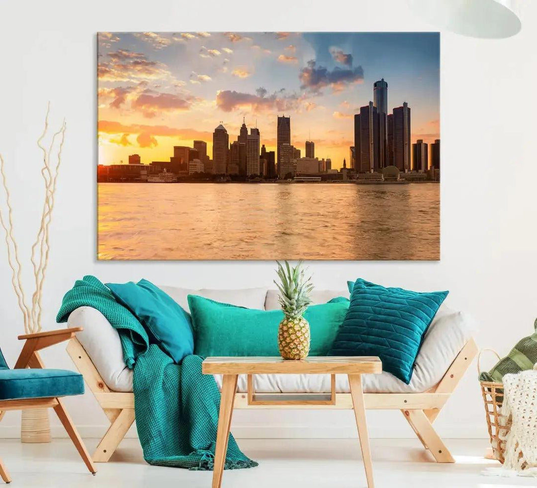 Detroit City Picture Print Large Framed Wall Art Skyline Canvas Print