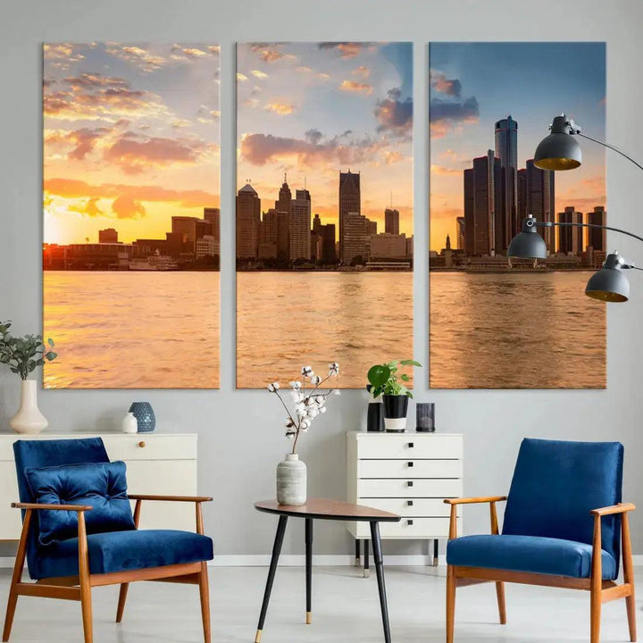 Detroit City Picture Print Large Framed Wall Art Skyline Canvas Print