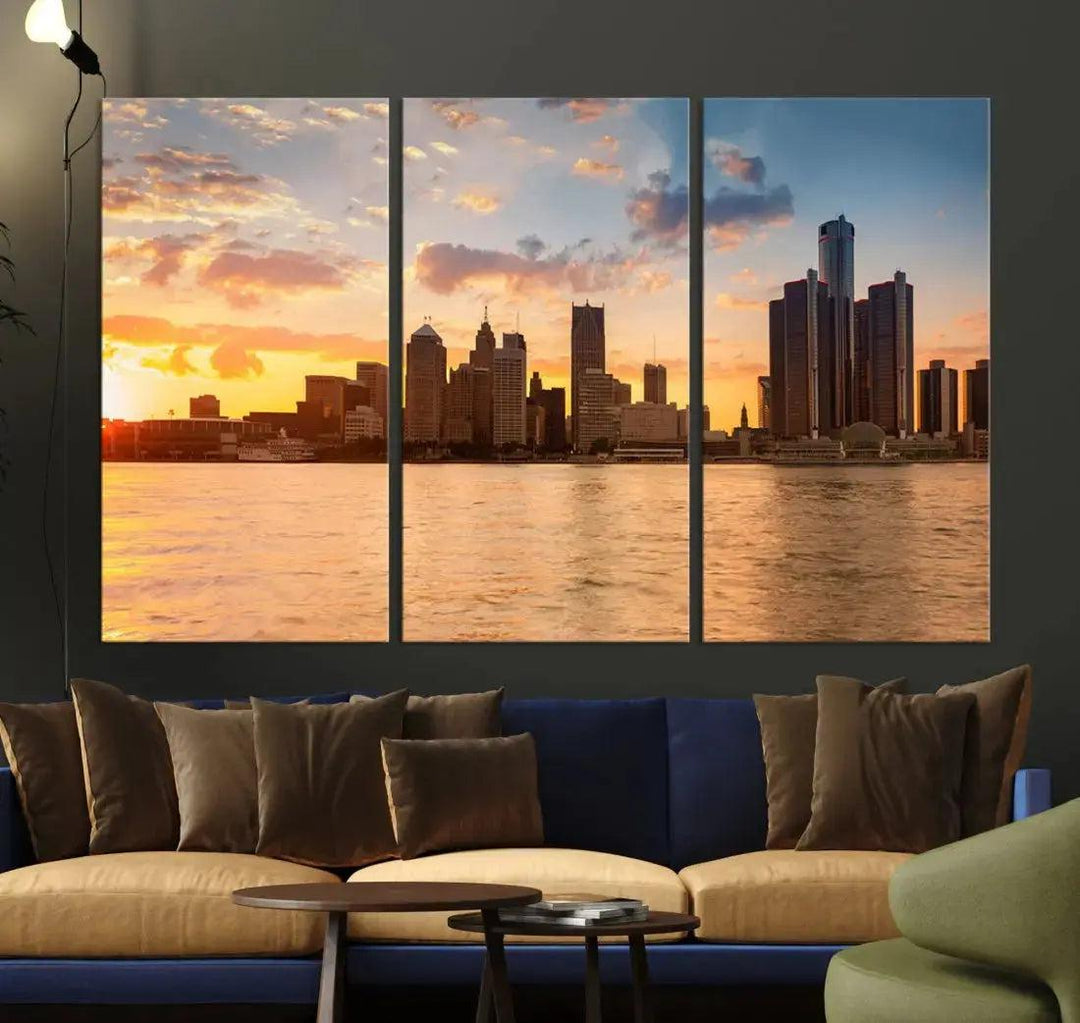 Detroit City Picture Print Large Framed Wall Art Skyline Canvas Print