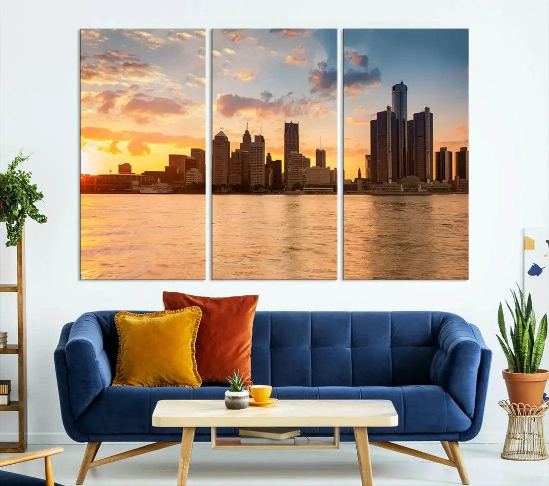 Detroit City Picture Print Large Framed Wall Art Skyline Canvas Print