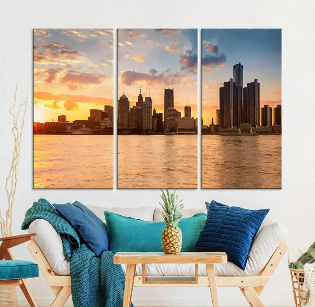 Detroit City Picture Print Large Framed Wall Art Skyline Canvas Print