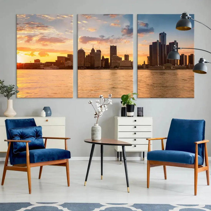 Detroit City Picture Print Large Framed Wall Art Skyline Canvas Print