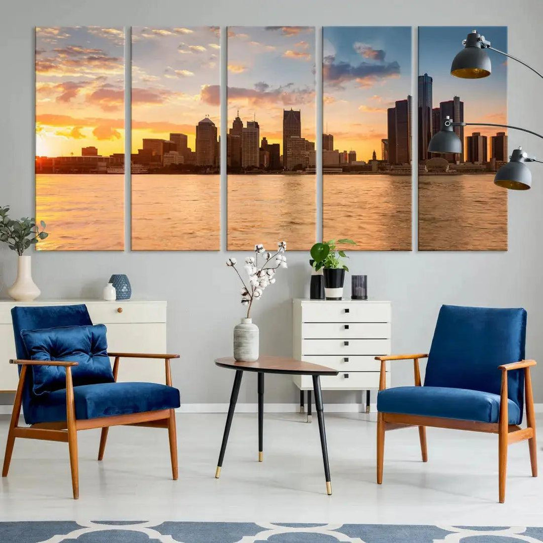 Detroit City Picture Print Large Framed Wall Art Skyline Canvas Print