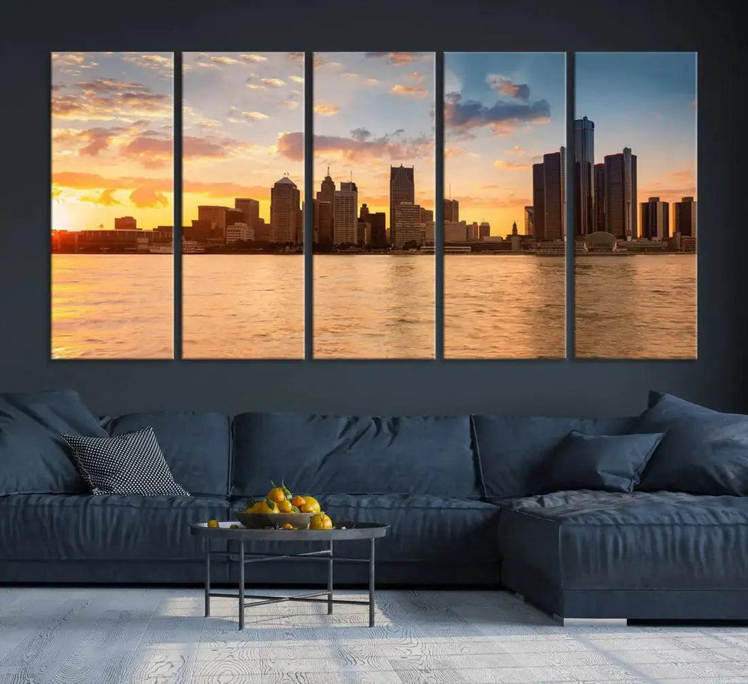 Detroit City Picture Print Large Framed Wall Art Skyline Canvas Print