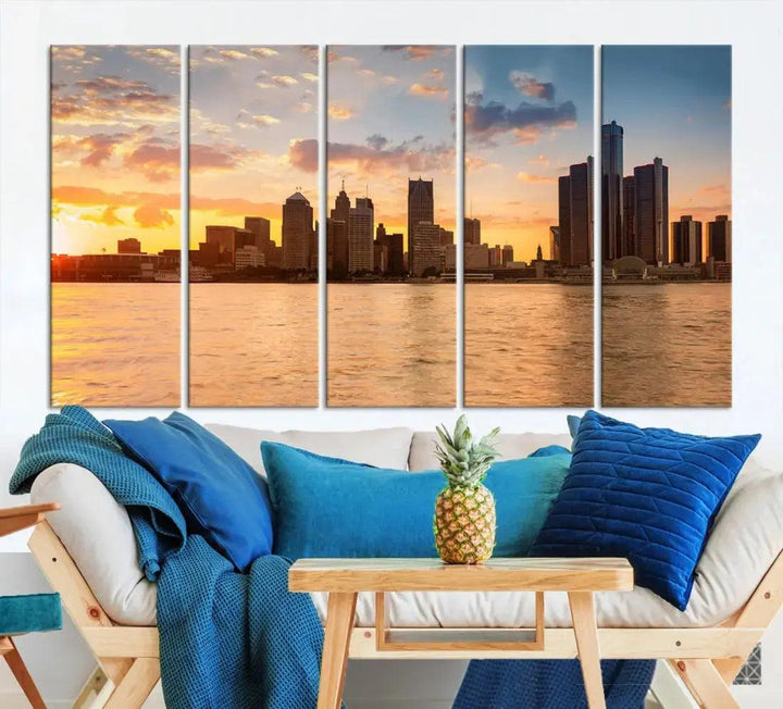 Detroit City Picture Print Large Framed Wall Art Skyline Canvas Print