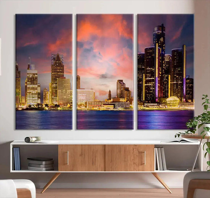 Detroit Cityscape Photography Red Sunset Skyline Wall Art Canvas Print