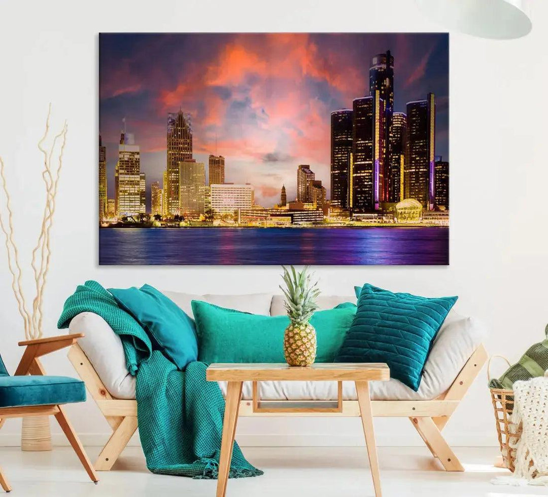 Detroit Cityscape Photography Red Sunset Skyline Wall Art Canvas Print