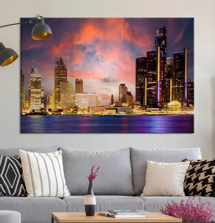 Detroit Cityscape Photography Red Sunset Skyline Wall Art Canvas Print