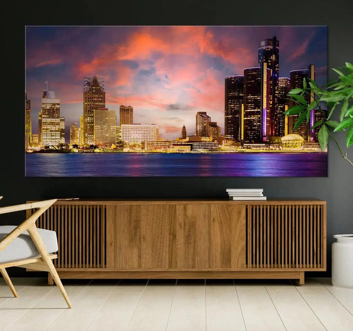 Detroit Cityscape Photography Red Sunset Skyline Wall Art Canvas Print