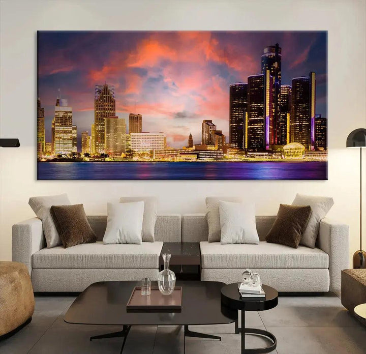 Detroit Cityscape Photography Red Sunset Skyline Wall Art Canvas Print