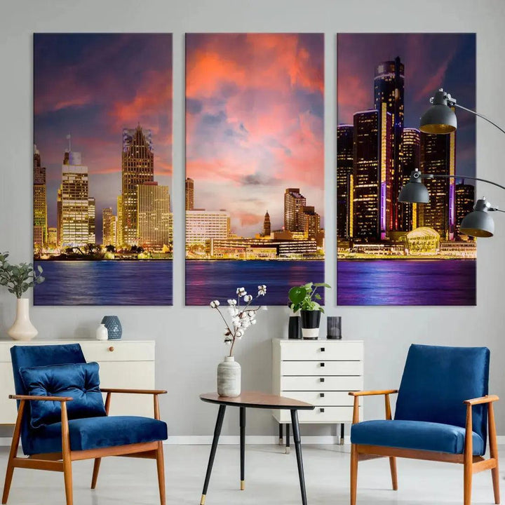 Detroit Cityscape Photography Red Sunset Skyline Wall Art Canvas Print