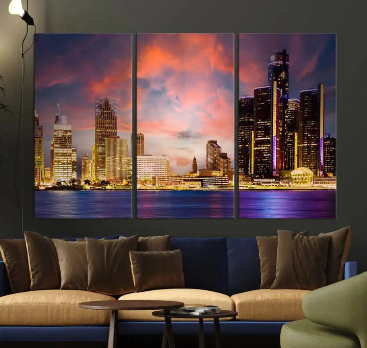 Detroit Cityscape Photography Red Sunset Skyline Wall Art Canvas Print