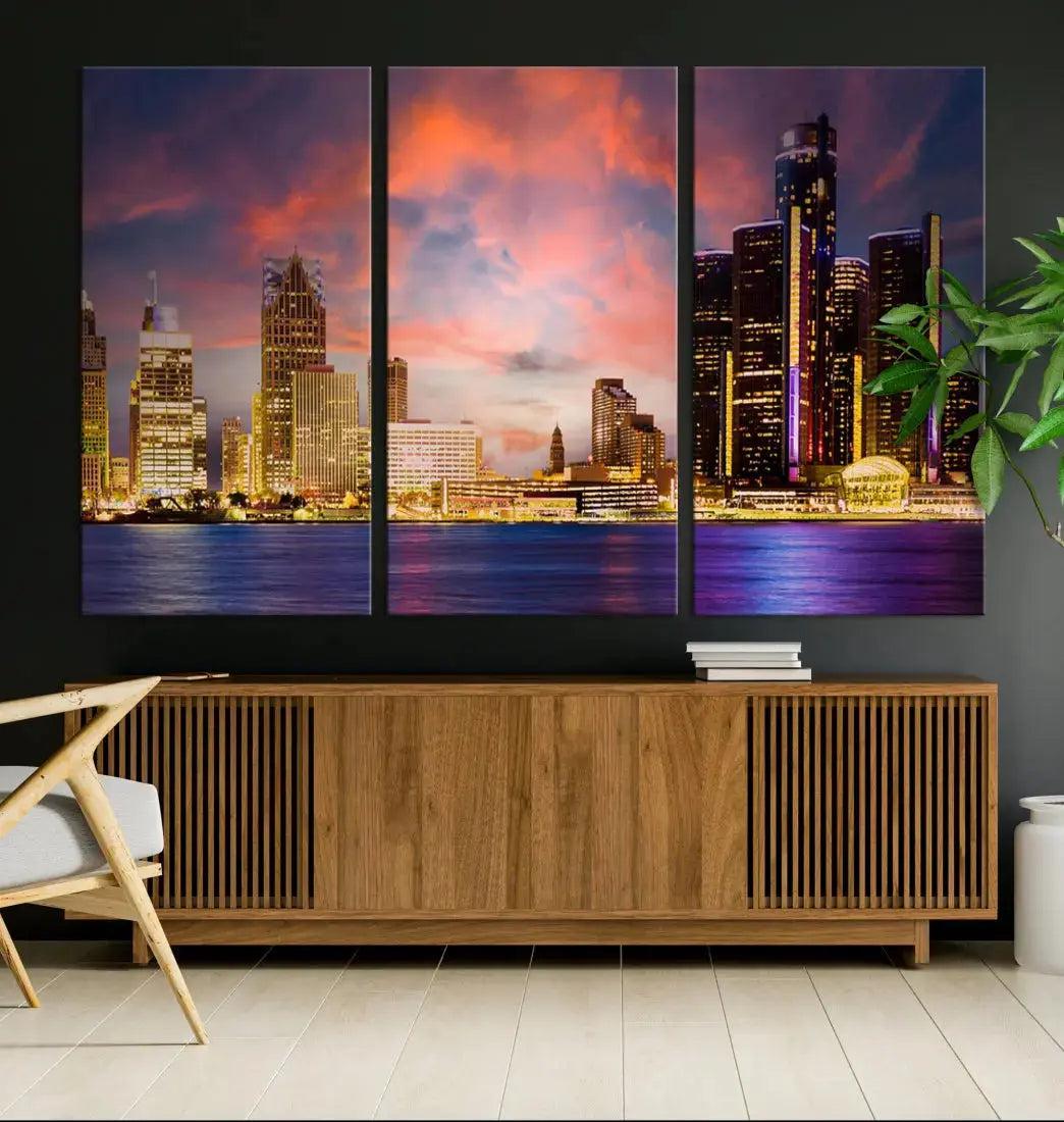 Detroit Cityscape Photography Red Sunset Skyline Wall Art Canvas Print