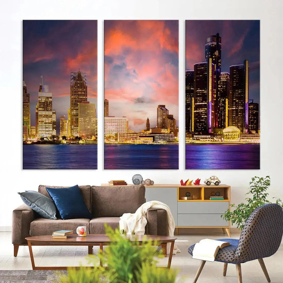 Detroit Cityscape Photography Red Sunset Skyline Wall Art Canvas Print