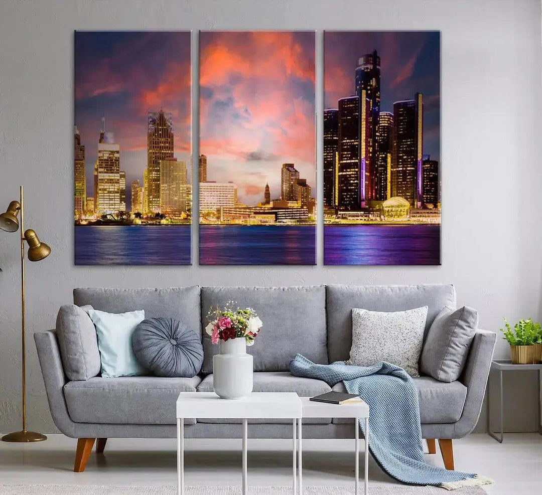 Detroit Cityscape Photography Red Sunset Skyline Wall Art Canvas Print