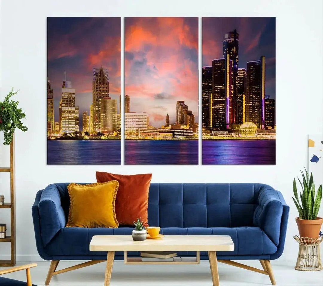 Detroit Cityscape Photography Red Sunset Skyline Wall Art Canvas Print