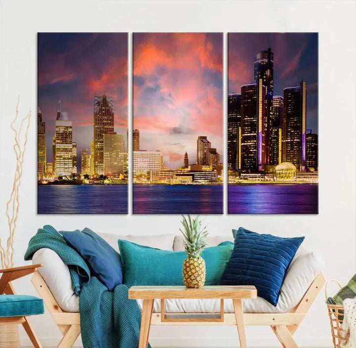 Detroit Cityscape Photography Red Sunset Skyline Wall Art Canvas Print