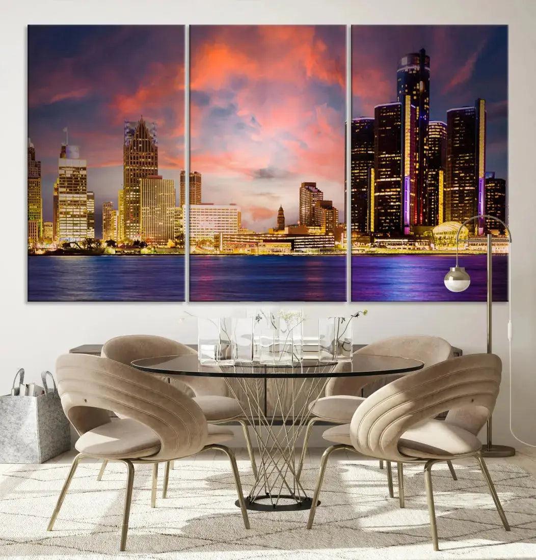 Detroit Cityscape Photography Red Sunset Skyline Wall Art Canvas Print