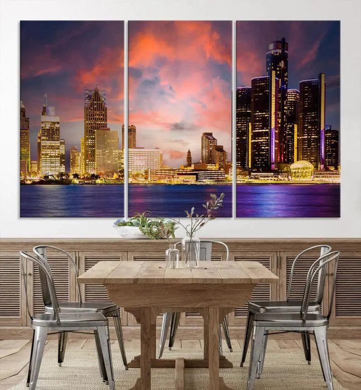 Detroit Cityscape Photography Red Sunset Skyline Wall Art Canvas Print