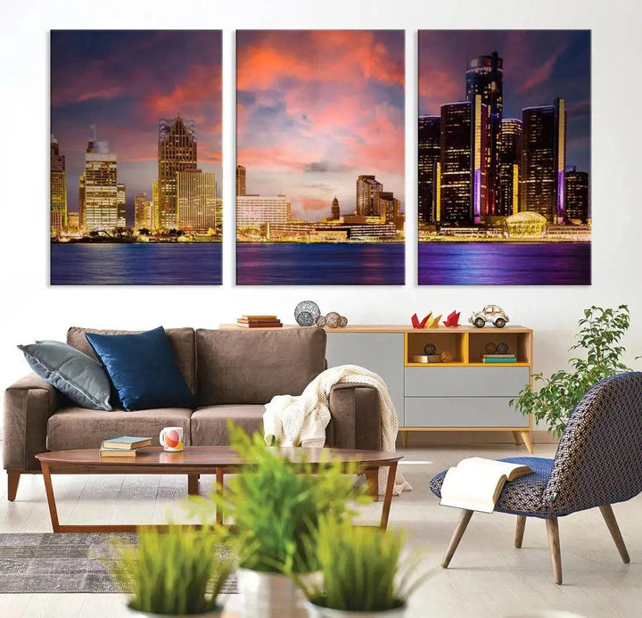 Detroit Cityscape Photography Red Sunset Skyline Wall Art Canvas Print