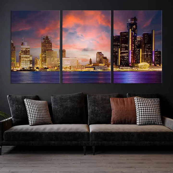 Detroit Cityscape Photography Red Sunset Skyline Wall Art Canvas Print