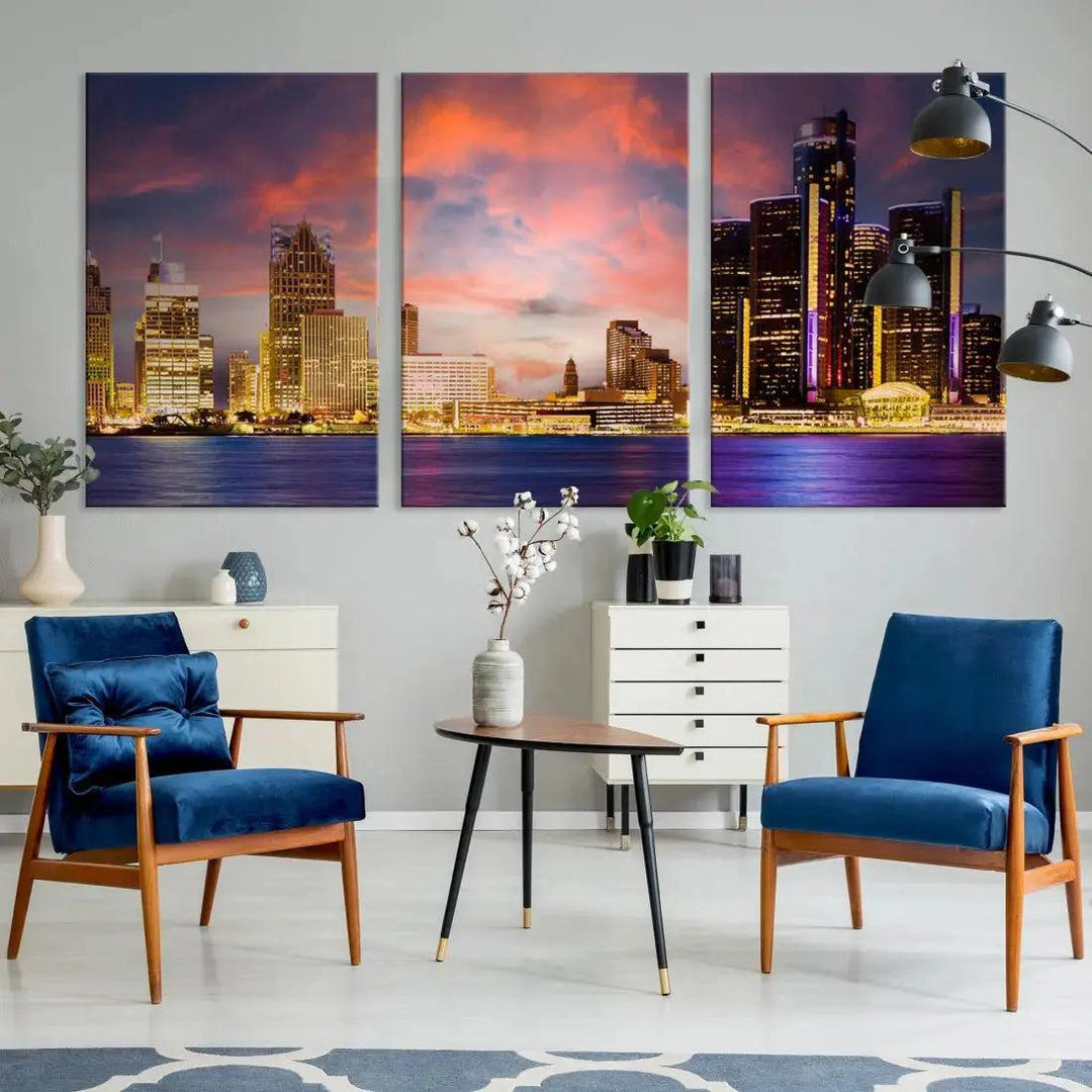 Detroit Cityscape Photography Red Sunset Skyline Wall Art Canvas Print