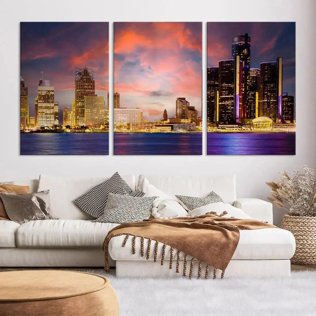 Detroit Cityscape Photography Red Sunset Skyline Wall Art Canvas Print