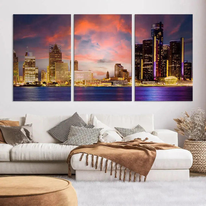 Detroit Cityscape Photography Red Sunset Skyline Wall Art Canvas Print