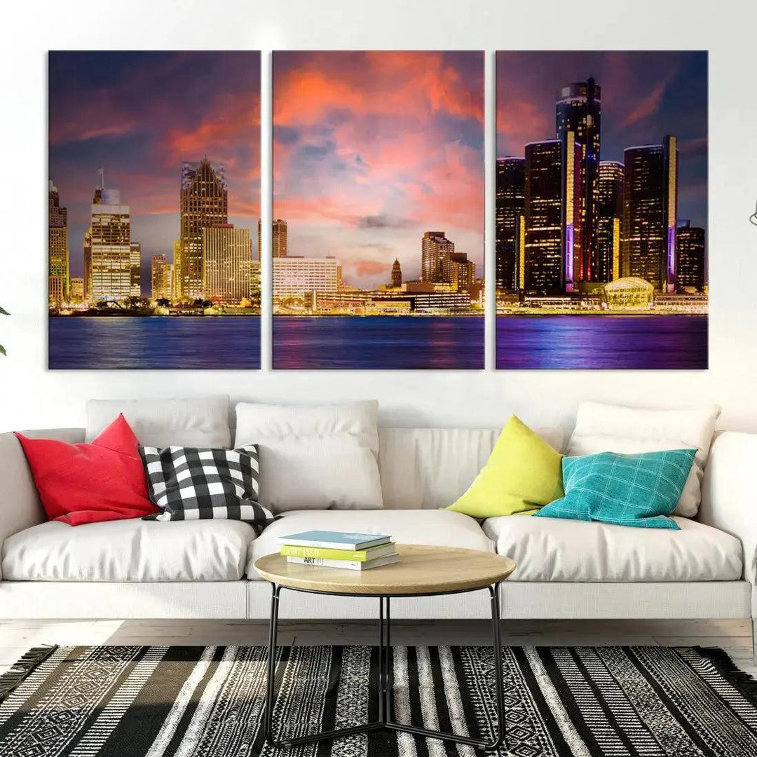 Detroit Cityscape Photography Red Sunset Skyline Wall Art Canvas Print