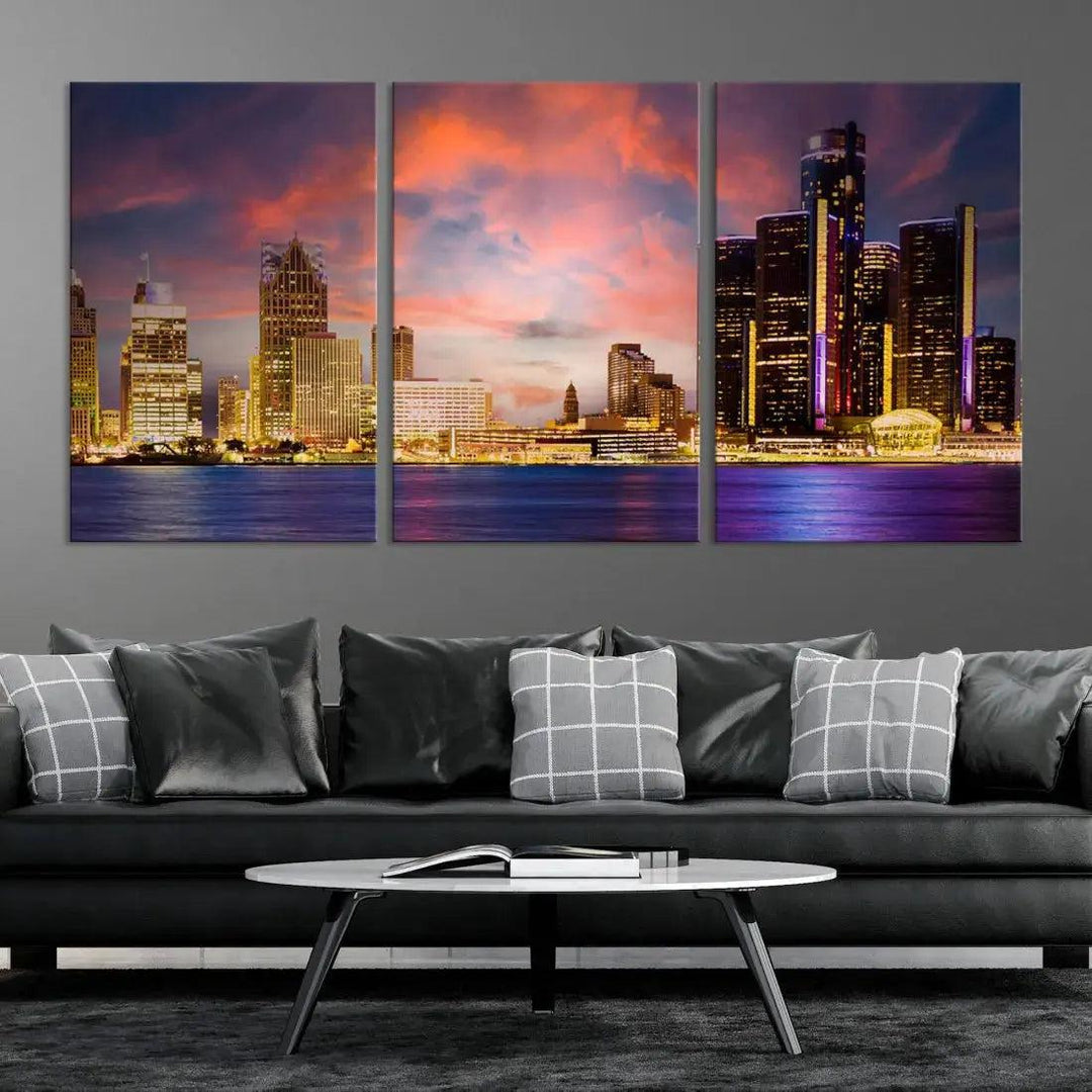 Detroit Cityscape Photography Red Sunset Skyline Wall Art Canvas Print