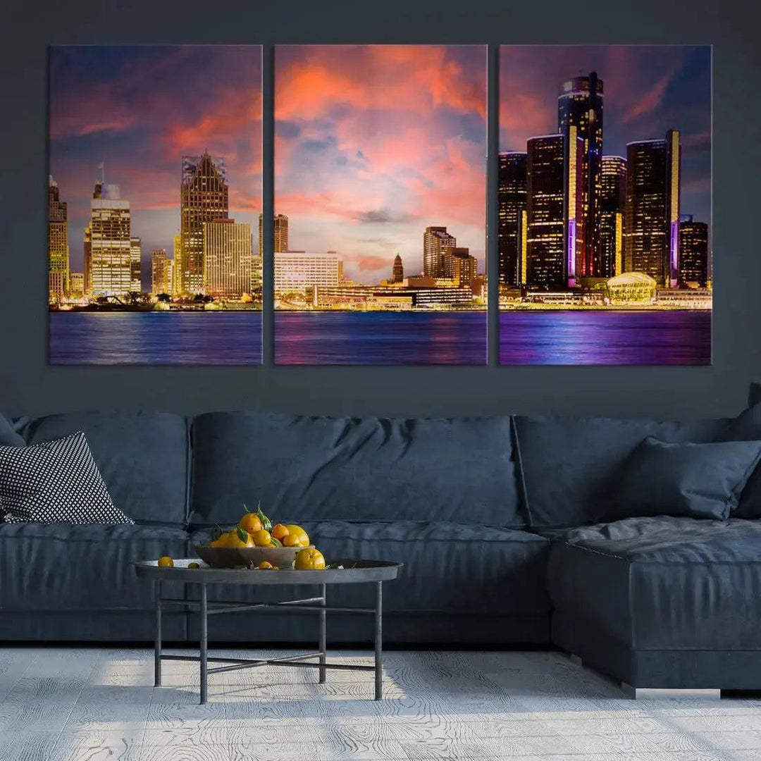 Detroit Cityscape Photography Red Sunset Skyline Wall Art Canvas Print