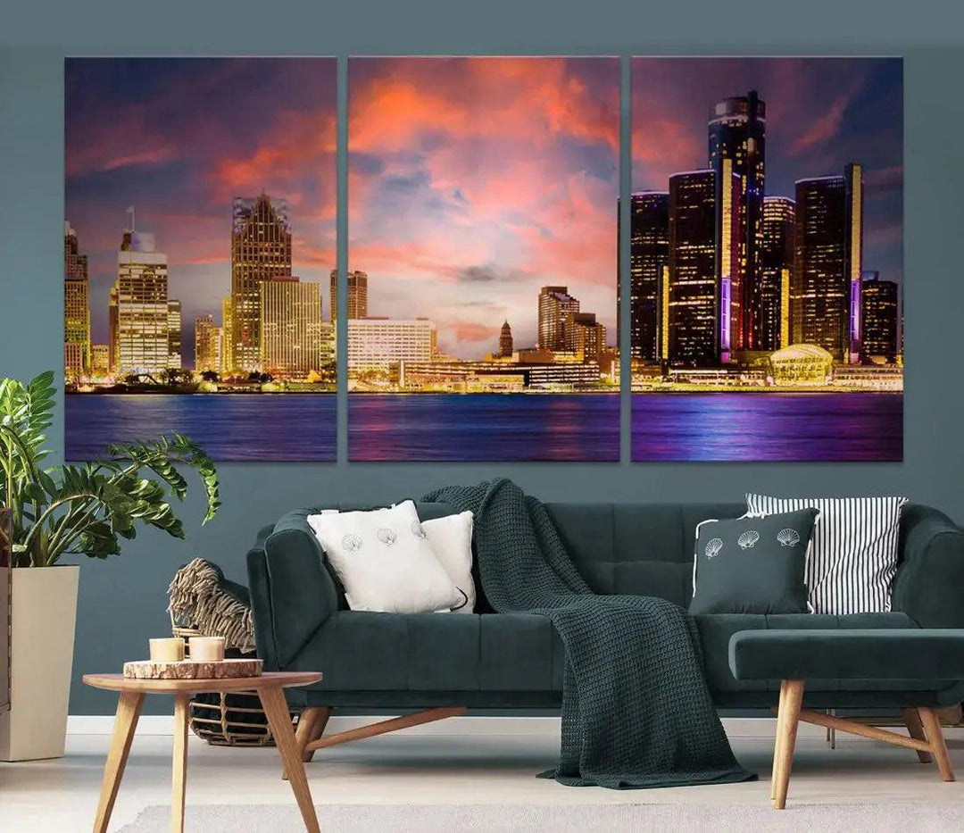 Detroit Cityscape Photography Red Sunset Skyline Wall Art Canvas Print