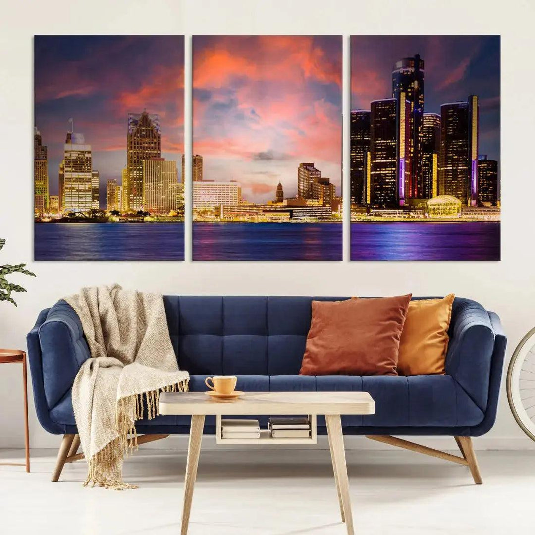 Detroit Cityscape Photography Red Sunset Skyline Wall Art Canvas Print