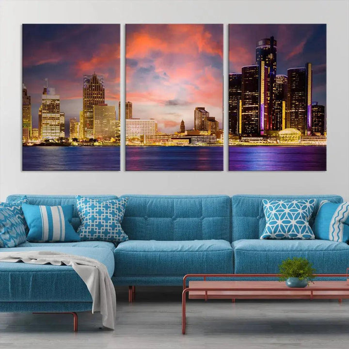 Detroit Cityscape Photography Red Sunset Skyline Wall Art Canvas Print