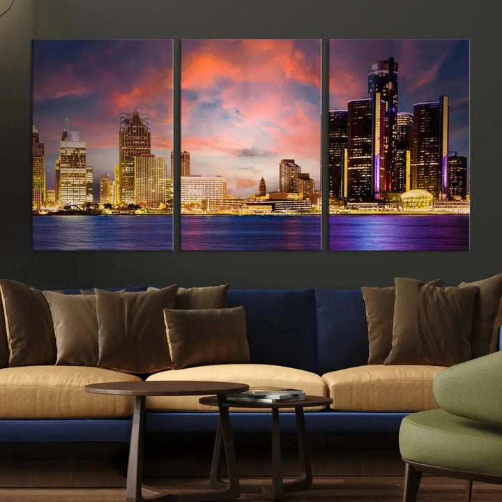 Detroit Cityscape Photography Red Sunset Skyline Wall Art Canvas Print