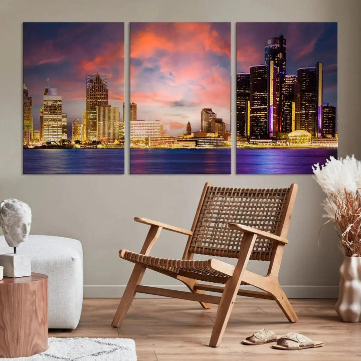 Detroit Cityscape Photography Red Sunset Skyline Wall Art Canvas Print