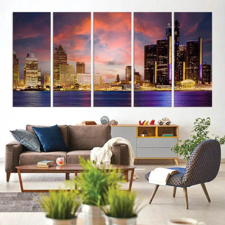 Detroit Cityscape Photography Red Sunset Skyline Wall Art Canvas Print