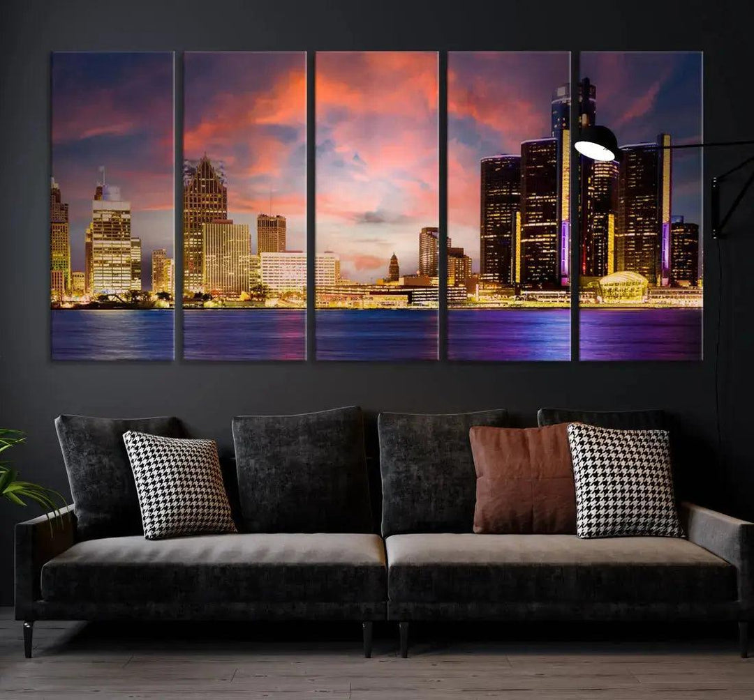 Detroit Cityscape Photography Red Sunset Skyline Wall Art Canvas Print