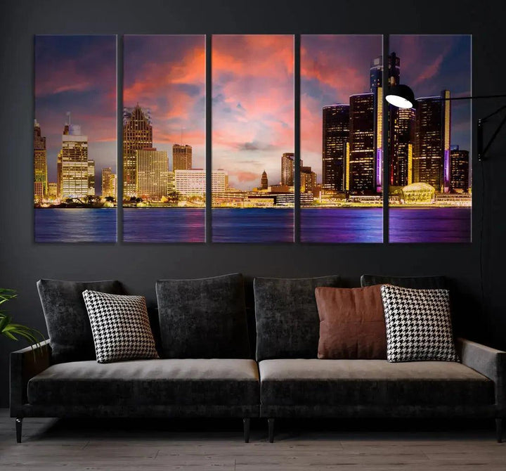 Detroit Cityscape Photography Red Sunset Skyline Wall Art Canvas Print