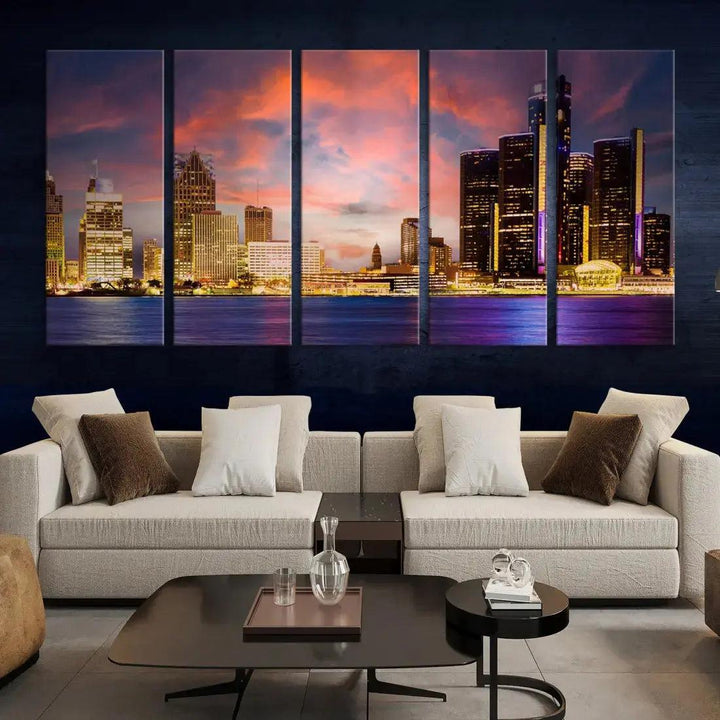 Detroit Cityscape Photography Red Sunset Skyline Wall Art Canvas Print