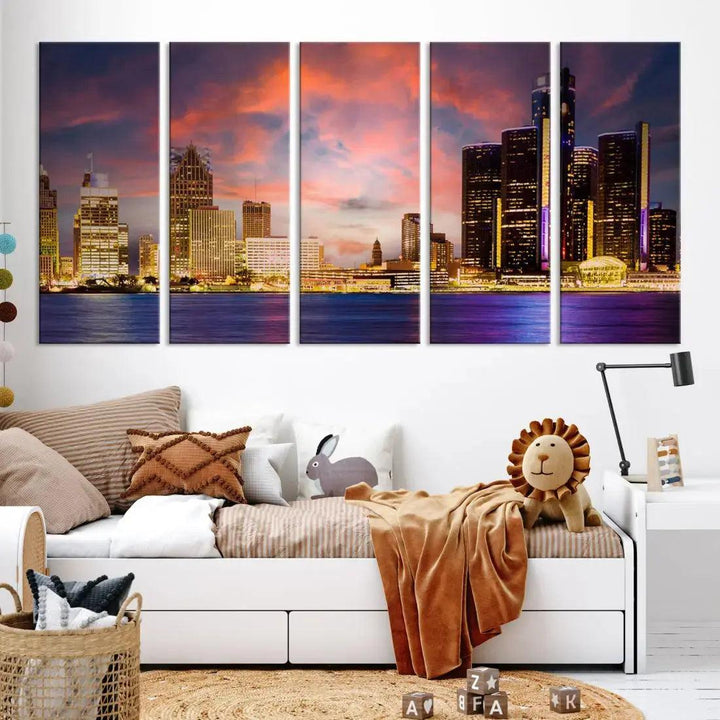 Detroit Cityscape Photography Red Sunset Skyline Wall Art Canvas Print