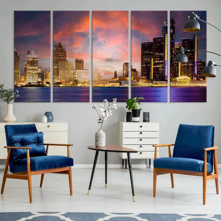 Detroit Cityscape Photography Red Sunset Skyline Wall Art Canvas Print