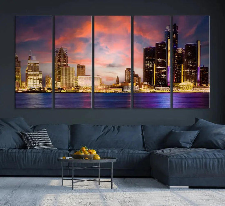 Detroit Cityscape Photography Red Sunset Skyline Wall Art Canvas Print