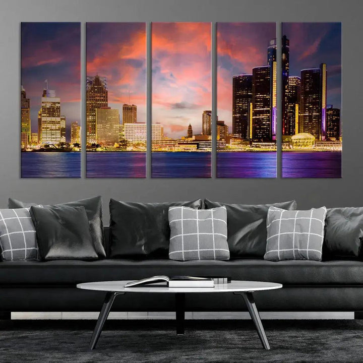 Detroit Cityscape Photography Red Sunset Skyline Wall Art Canvas Print