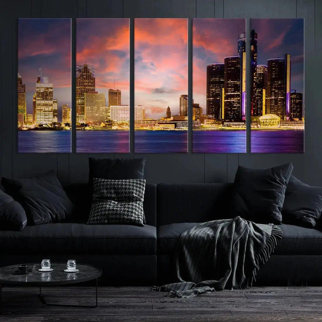 Detroit Cityscape Photography Red Sunset Skyline Wall Art Canvas Print